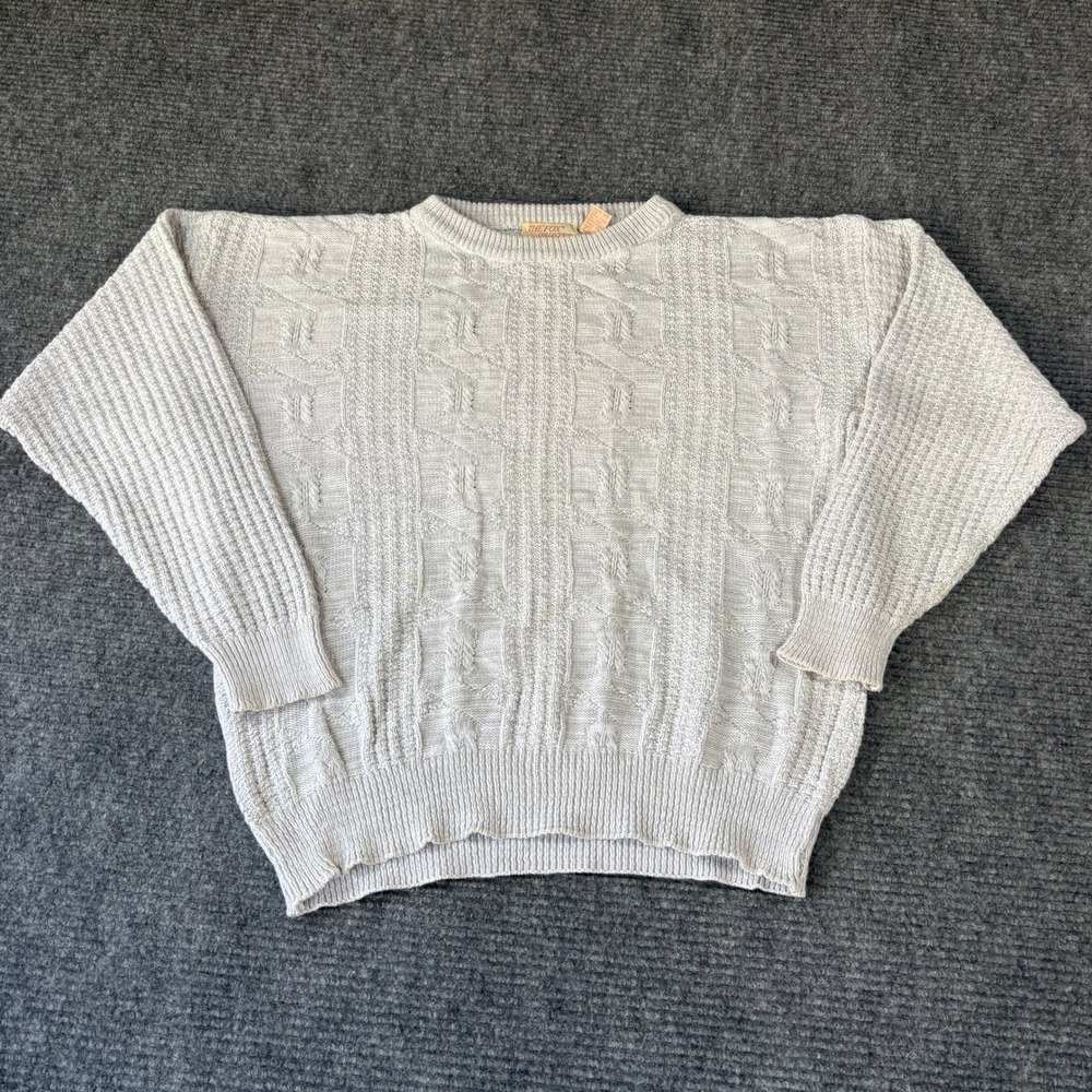 The Fox Collection Vintage 90s Gray Cable Knit Cotton Sweater Mens Medium USA